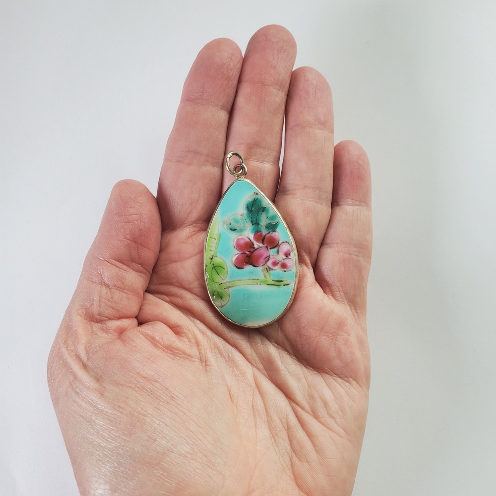 Vintage Turquoise Cloisonne Enamel Floral Teardrop Pottery Shard Pendant Focal‎ - Picture 7 of 10